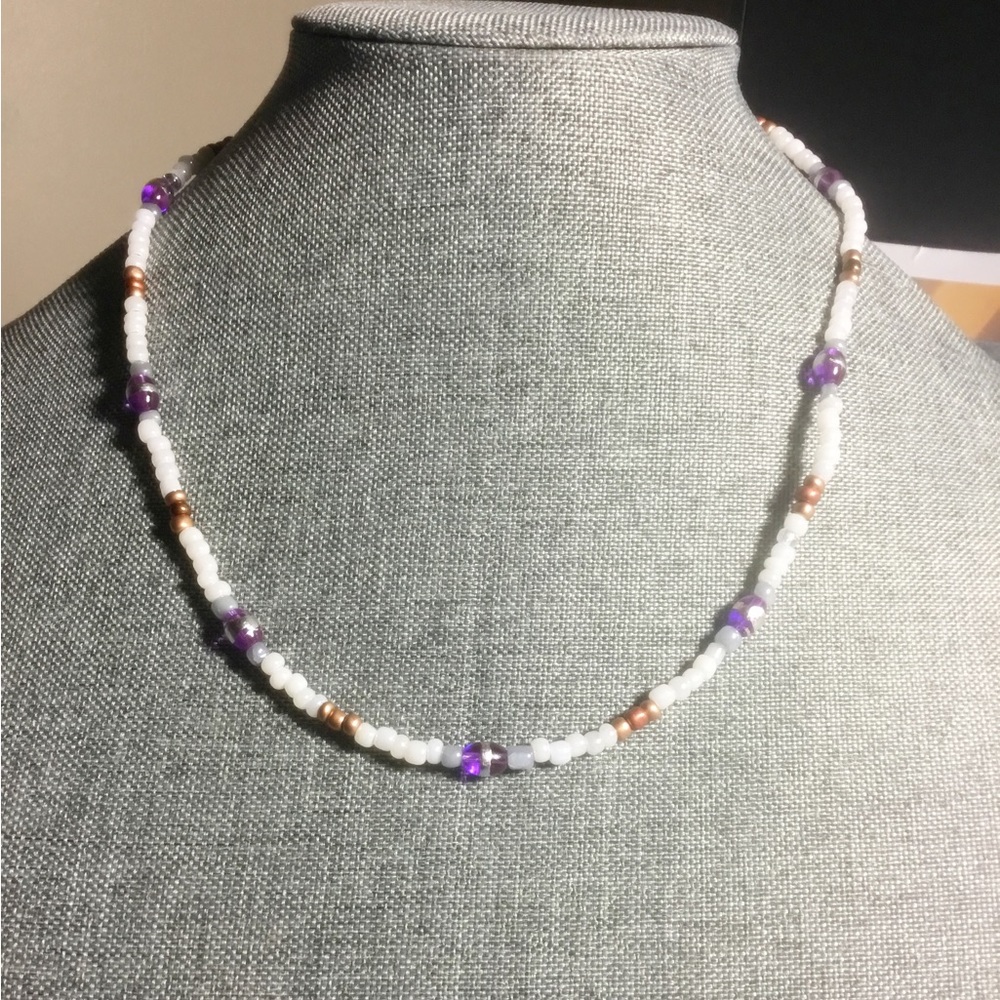 NEW Handmade tears necklace 18” long.  Seed beads, purple glass/vintage beads.
